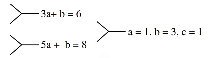 Coefficient comparison diagram showing equations 3a plus b equals 6 and 5a plus b equals 8, leading to values a equals 1, b equals 3, and c equals 1.