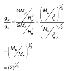 Derivation showing ratio of gravitational accelerations using mass, radius, and density, concluding the factor becomes two raised to power one by three.