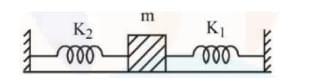 A block labeled m is placed on a horizontal frictionless surface between two fixed walls, connected to the left wall by spring K2 and to the right wall by spring K1.