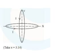 Two identical circular current-carrying circular loops placed in mutually perpendicular planes, intersecting at the common center, with x-axis horizontal and y-axis vertical, and current directions marked on both loops.