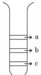 A column chromatography tube is shown with three horizontal bands labeled a at the top, b in the middle, and c at the bottom.