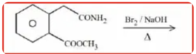 Reaction scheme showing a six-membered oxygen-containing ring attached to side chains bearing CONH2 and COOCH3 groups, treated with Br2/NaOH under heat to give product B.