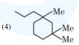 Option 4 shows a cyclohexane ring without carbonyl, bearing a propyl and methyl on the top right carbon and two methyl groups on the lower right carbon.