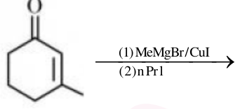 Cyclohexenone ring with a ketone at the top, one double bond in the ring, and a methyl substituent on the lower right carbon; reagent arrow shows (1) MeMgBr/CuI and (2) nPrI.