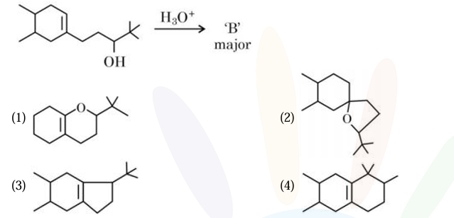 Reaction scheme of an unsaturated alcohol treated with hydronium ion to form major product B, with four product options shown below.
