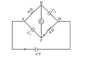 A diamond-shaped circuit with nodes A, B, C, D; resistors 6 ohm on AB and 8 ohm on CD, galvanometer G between B and C, capacitors or cells C1 on AC and C2 on BD, and a 4 volt cell in the outer loop.