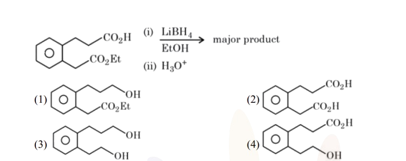 Reaction scheme showing an aromatic fused-ring compound bearing one $$\text{CO}_2\text{H}$$ group and one $$\text{CO}_2\text{Et}$$ group treated with $$\text{LiBH}_4/\text{EtOH}$$ followed by $$\text{H}_3\text{O}^+$$, with four product structures as options.
