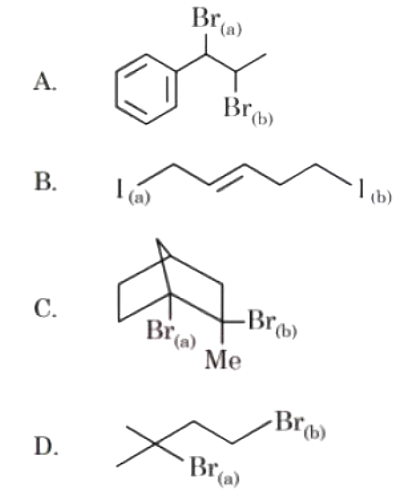 Four organic compounds labeled A, B, C and D with halogen positions marked as (a) and (b), asking which halogen is most reactive toward SN1 reaction in each structure.
