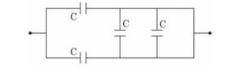 A capacitor network between left and right terminals with two capacitors of value C on the top and bottom left branches, and two vertical capacitors of value C inside the rectangular loop.