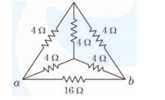 Triangular resistor network between points a and b with a top vertex. Outer slanted sides are 4 ohm each, bottom side between a and b is 16 ohm, and three inner branches from a central node to each vertex are 4 ohm each.
