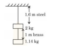 A vertical composite wire fixed at the top, with upper steel part of length 1.6 m and lower brass part of length 1 m, supporting blocks of masses 2 kg and 1.14 kg.