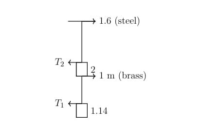 Free body style sketch of a vertical steel and brass wire system showing upper tension T2, lower tension T1, lengths 1.6 m and 1 m, and attached masses 2 kg and 1.14 kg.
