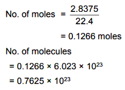 A handwritten calculation showing number of moles from 2.8375 divided by 22.4 and molecules using Avogadro number multiplication.