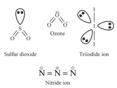Structures of sulfur dioxide, ozone, triiodide ion and azide ion showing bent and linear molecular geometries with lone pairs marked.