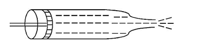 A piston pushes liquid through a wide tube that narrows to a small outlet nozzle, with fluid emerging from the right end.
