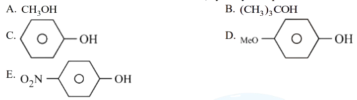 Five hydroxyl compounds labeled A, B, C, D and E including methanol, tert-butanol, phenol, methoxy substituted phenol and nitro substituted phenol for acidity comparison.