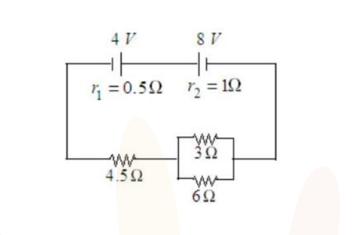 Circuit with two cells of 4 V and 8 V having internal resistances 0.5 ohm and 1 ohm, a 4.5 ohm resistor in series, and parallel resistors of 3 ohm and 6 ohm.