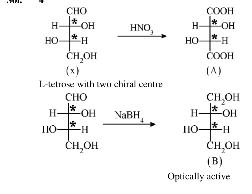 Solution figure showing Fischer projection of X converted by HNO3 to dicarboxylic acid A and by NaBH4 to optically active polyol B.