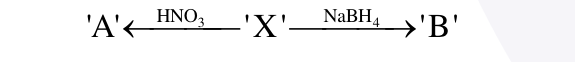 Reaction scheme showing compound X oxidized by HNO3 to A and reduced by NaBH4 to B.