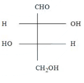 Fischer projection of an aldotetrose with CHO at top, CH2OH at bottom, OH left at upper center and OH left at lower center.