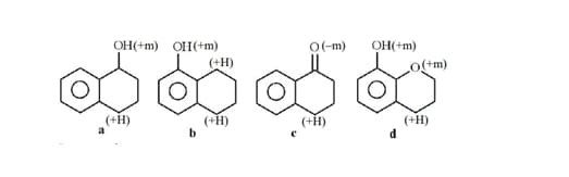 Four aromatic fused-ring compounds labeled a, b, c and d, showing substituents such as OH and carbonyl with plus and minus resonance effects marked near ring positions.