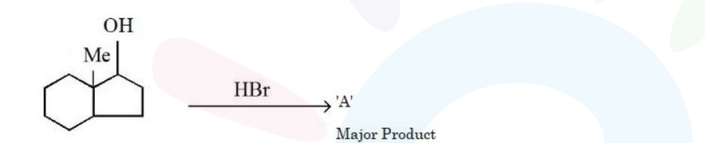Fused cyclohexane and cyclobutane ring system bearing a methyl group and an OH group, reacting with HBr to give product A as major product.