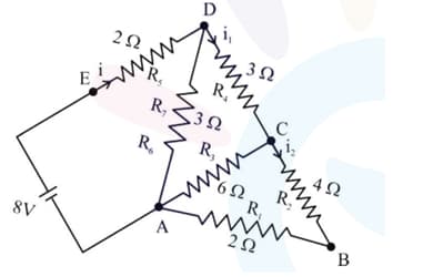 Simplified circuit diagram marking currents i, i1, and i2, with source 8 V and resistors R3, R4, R5, R6, and R7 connected between nodes E, D, C, and A.