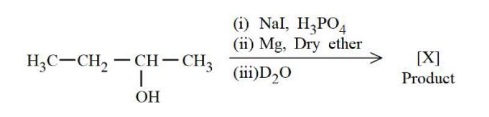 Reaction scheme showing butan-2-ol treated successively with NaI and H3PO4, then Mg in dry ether, then D2O to form product X.