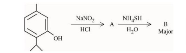 Reaction scheme showing a substituted phenol ring treated with sodium nitrite and hydrochloric acid to form A, then with ammonium hydrosulfide and water to form major product B.