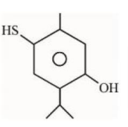 Benzene ring with methyl and isopropyl substituents, a thiol group on one carbon and a hydroxyl group on another carbon.