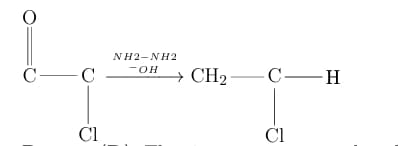Reaction scheme showing a carbonyl compound with chlorine substituent undergoing Wolff-Kishner reduction using hydrazine and base.