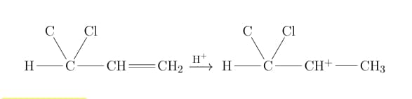 Reaction scheme showing protonation of 3-chloro-1-butene by H+ to form a secondary carbocation intermediate with chlorine substituent retained.