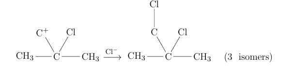 Reaction scheme showing chloride ion attack on the tertiary carbocation leading to three stereoisomeric products: one meso form and one enantiomeric pair.