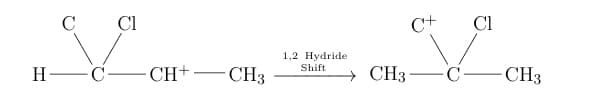 Reaction scheme showing 1,2-hydride shift from the secondary carbocation to form a more stable tertiary carbocation intermediate.