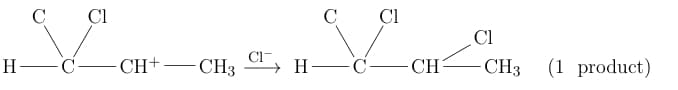 Reaction scheme showing chloride ion attack on the secondary carbocation to give one dichlorobutane product.
