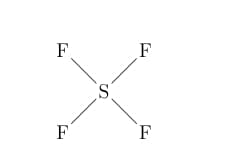 Lewis structure of sulfur tetrafluoride showing central sulfur bonded to four fluorine atoms, representing the electron pair arrangement around sulfur.