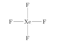 Lewis structure of xenon tetrafluoride showing central xenon bonded to four fluorine atoms arranged in a square planar pattern.