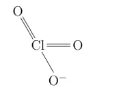 Lewis structure of chlorate ion showing central chlorine bonded to three oxygen atoms, with one oxygen carrying negative charge.