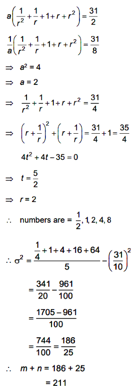 Handwritten-style solution image showing GP terms, derivation of a equals 2, r equals 2, numbers 1 by 2, 1, 2, 4, 8, and variance simplified to 186 by 25.