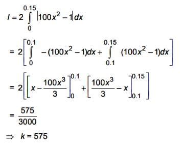 Handwritten-style solution image showing the integral split at x equals 0.1, antiderivatives for both pieces, and the final result k equals 575.