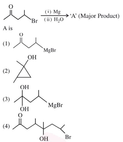 Reaction scheme of a bromo ketone substrate treated with Mg followed by H2O to give product A, along with four candidate product structures labeled 1 to 4.