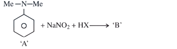 Reaction scheme showing N,N-dimethylaniline labeled A reacting with NaNO2 and HX to form product B, with dimethylamino group attached to a benzene ring.