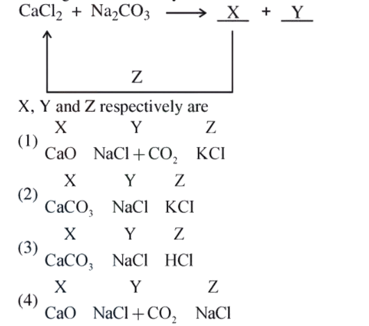 Reaction cycle showing CaCl2 + Na2CO3 forming X and Y, with Z converting back toward CaCl2, and a table of possible X, Y and Z combinations.