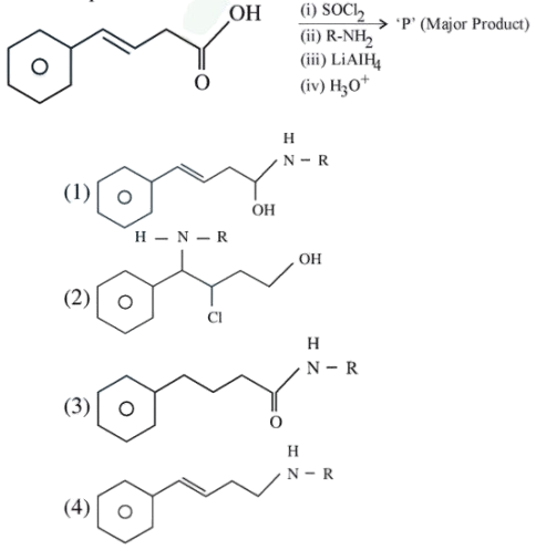 Reaction sequence starting from an aromatic carboxylic acid side chain compound treated with SOCl2, R-NH2, LiAlH4 and H3O+, asking for the major product among given structures.