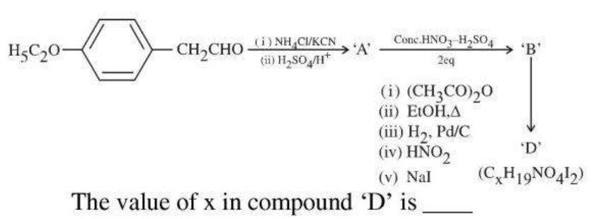 Reaction scheme showing an aromatic compound with ethoxy substituent and CH2CHO side chain converted through A and B to D using NH4Cl/KCN, H2SO4/H+, concentrated HNO3/H2SO4, acetic anhydride, ethanol with heat, H2 with Pd/C, HNO2, and NaI.