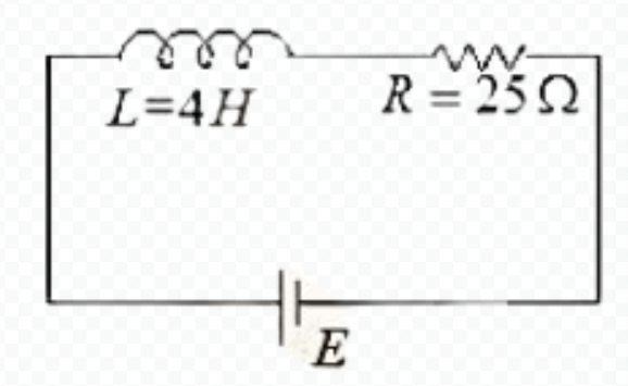 A series RL circuit with an inductor labeled 4 henry, a resistor labeled 25 ohm, and a battery of emf E connected in one loop.