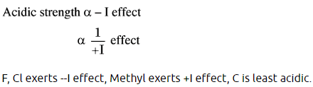 Three cyclohexanol derivatives labelled A, B and C with Cl, F and CH3 substituents, along with note that F and Cl show minus I effect and methyl shows plus I effect.