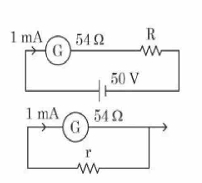 Two galvanometer conversion circuits are shown: upper circuit has galvanometer of 54 ohm with series resistance R for 50 V voltmeter, lower circuit has same galvanometer with parallel shunt r for ammeter conversion, and 1 mA full-scale current is marked.