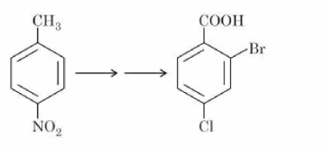 Reaction conversion showing nitro-substituted toluene as starting compound and a benzoic acid derivative with bromo and chloro substituents as final product on an aromatic ring.