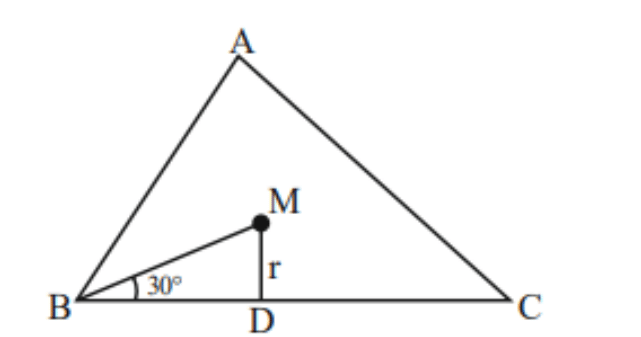 Equilateral triangle ABC with A at the top, B and C at the base ends, incentre M inside, and perpendicular MD to BC marked with length r and angle 30 degrees at B.
